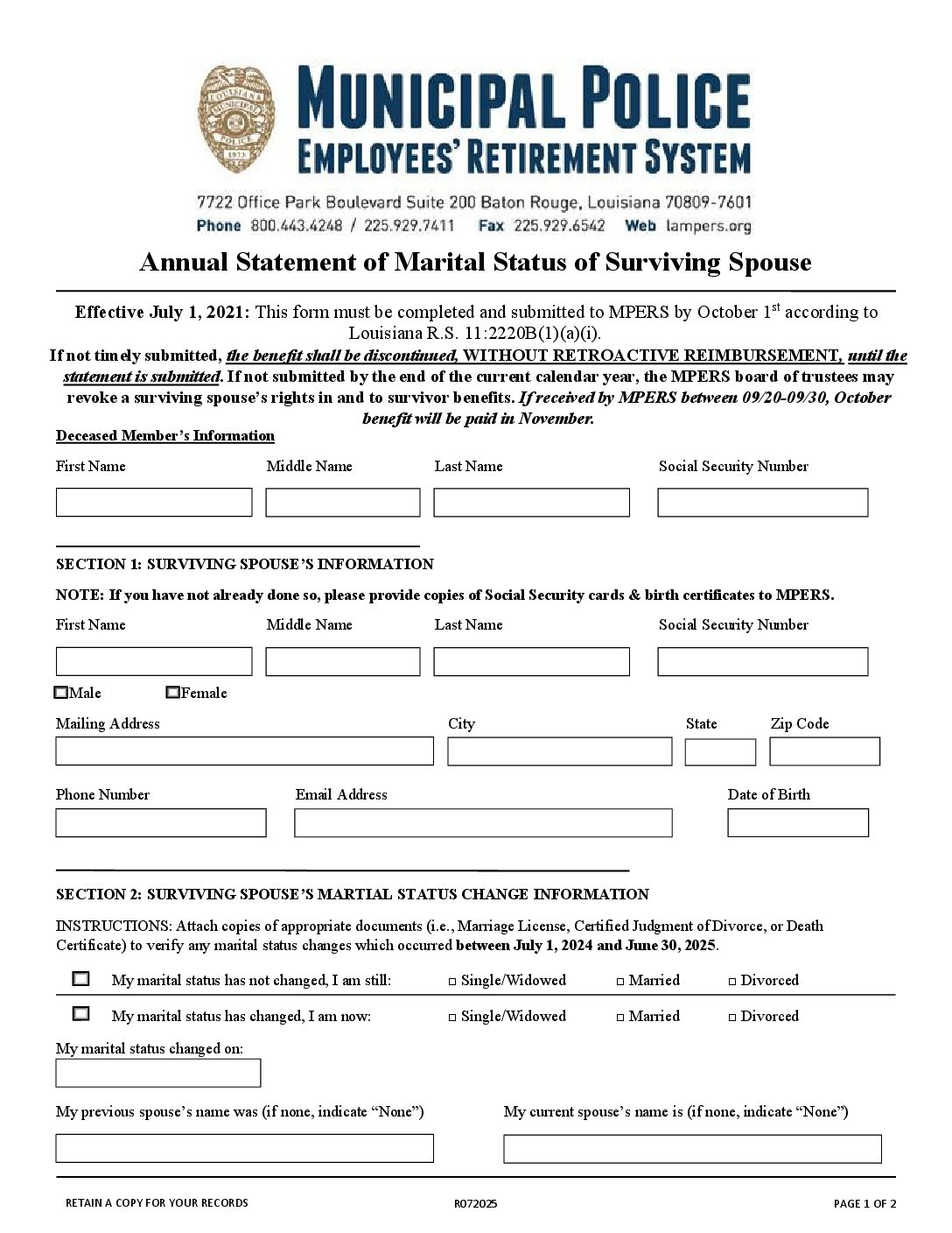 Marital Status Statement by the Surviving Spouse of a Non-Line-of Duty Death Member