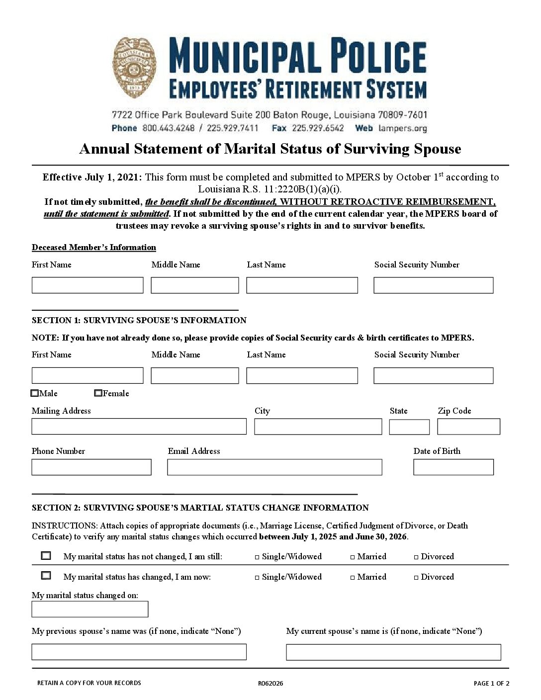 Marital Status Statement by the Surviving Spouse of a Non-Line-of Duty Death Member