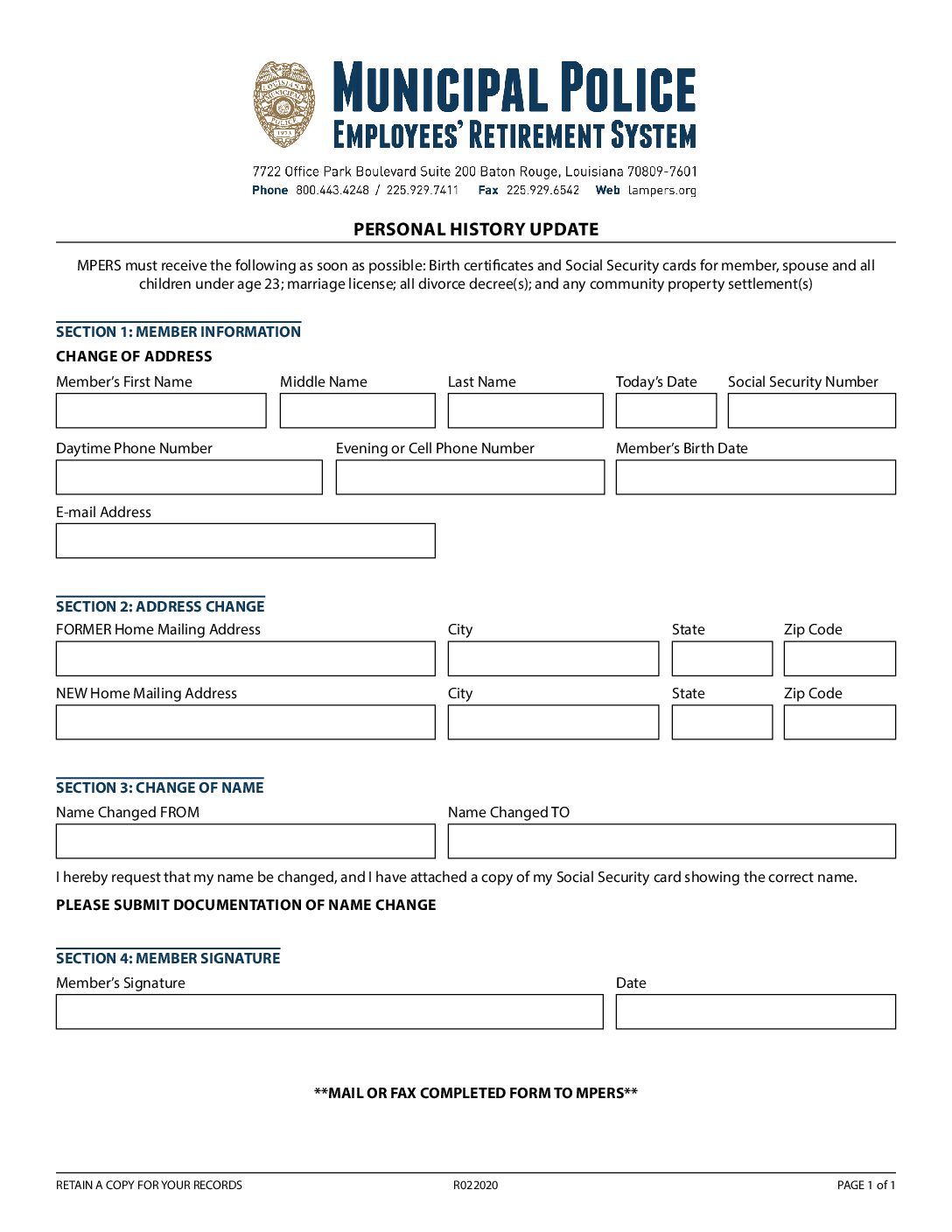 Personal History Update Form