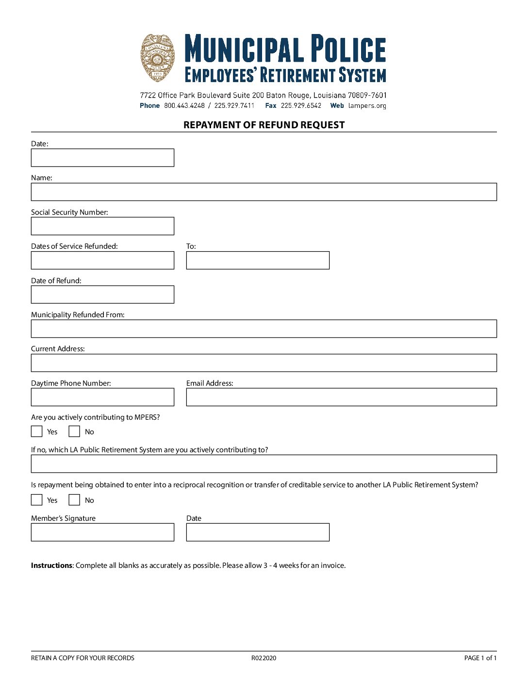 Refund Repayment Request Form – Repay Prior Refund to MPERS to Reestablish Service Credit