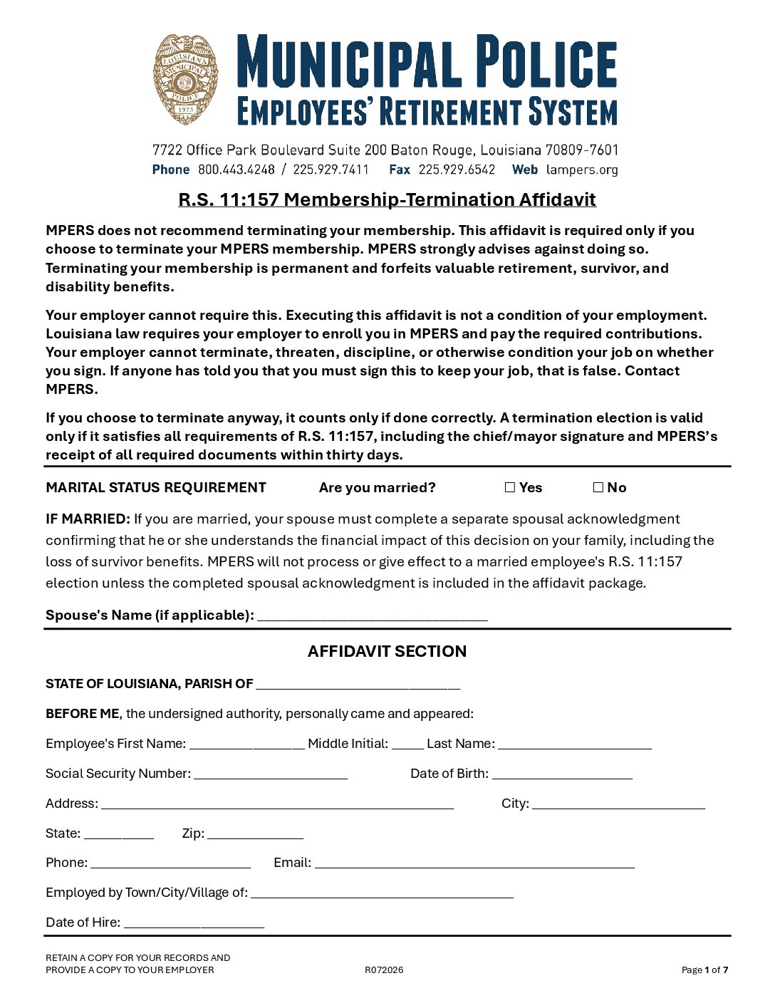 Affidavit (Waiver of Valuable Retirement Benefit Rights) – NOT REQUIRED BY MPERS OR YOUR EMPLOYER